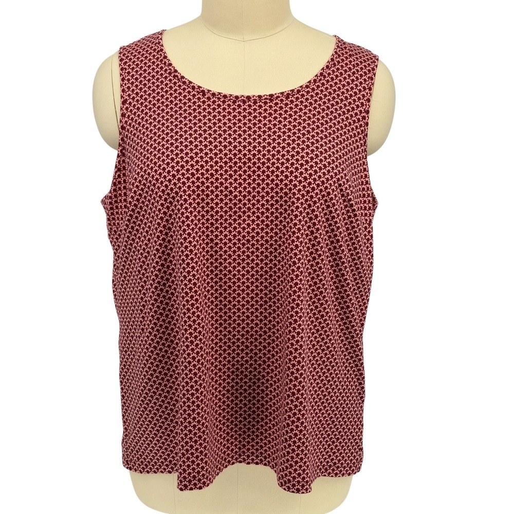 Lands End Sleeveless Shell Top Burgundy Pink Geometric Print 100% Cotton 3X